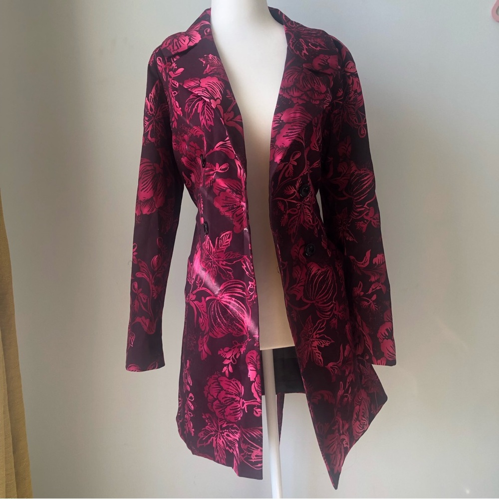 Central falls red(hot pink) and black floral trench coat. Size S